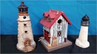 1 Decorative Birdhouse & 2 - Lighthouses
