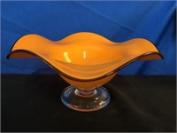 Vintage Orange Glass  Frilled edge Footed  Bowl