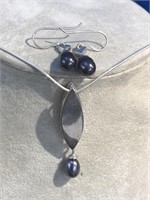 Sterling Silver Black Pearl necklace & Earring Set