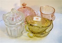 Five pieces assorted depression glass