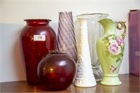 Group of six glass and ceramic vases