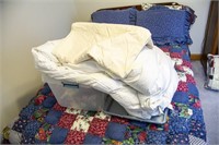 Plastic tote with down comforter