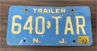 12" 1982 N.J Trailer 640-TAR License Tag.  Ships
