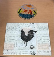 15" Glass Rooster Cutting Board & Fish Trivette