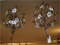 Pair Bronze chandeliers w glass flowers