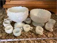 2 Miniature Milk Glass Punch Bowl And Cup Sets