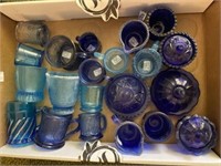 Assorted Blue Glass Cream And Sugar, Cups,