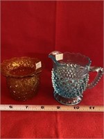 Amber Pattern Glass Vase Chipped, Hobnail Blue