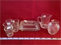 Pressed Glass Butter Dish Chips, Vase, Pitcher,