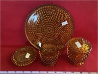 Amber Hobnail Table Set, Cream And Sugar, Plate,