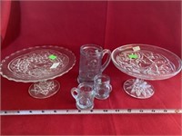 2 Pressed Glass Pedestal Dishes, 3 Character Mugs