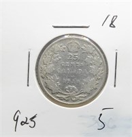 1918 Canadian 0.925 Silver 25 Cents