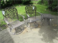 2 WROUGHT IRON PATIO  SWIVEL CHAIRS & SMALL TABLE
