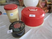 EARLY PLASTIC CAKE CARRIER, EARLY TINS