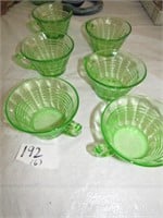 6 GREEN DEPRESSION RIBBED CUPS