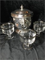Ice bucket and 3 silver rimmed glassware pieces