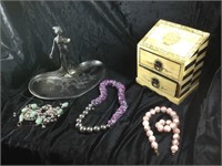 Two necklaces, jewelry holder, jewelry box. One