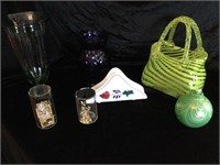 Miscellaneous glassware. Vases, glass purse,