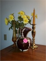 MEXICAN POTTERY VASE AND AMBER GLASS VASE