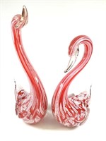 Pr Mid Century Hand Formed Glass Swans