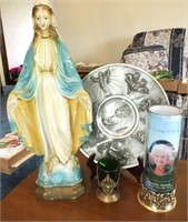 RELIGIOUS STATUE, CANDLE HOLDER, PLATE