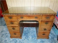 ANTIQUE WOODEN DESK W/GLASS PROTECTOR