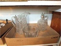 CUT GLASS DECANTER, BOWL, PRESSED GLASS PITCHER
