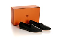 PAIR OF BLACK HERMES LEATHER LOAFERS