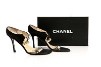 PAIR OF BLACK CHANEL EVENING SANDALS