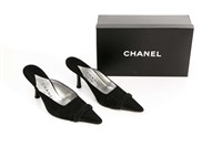 PAIR OF CHANEL BLACK SATIN MULES WITH BEADING