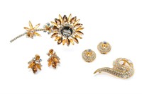 VINTAGE FLORAL RHINESTONE BROOCHES WITH EARRINGS