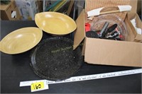 Kitchen utensils, wooden bowls, platter