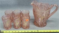 Pink Carnival Glass Pitchee & Cup Set