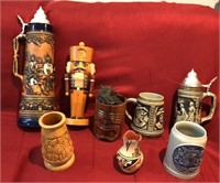Assortment of canters, Mugs, wooden Decor