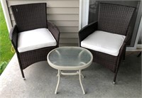 2 Wicker Patio Chairs & Glass Top Table
