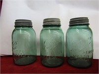 (3)green? Ball jars w/lids.
