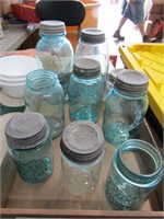 (9)Blue ball jars. Most have lids.