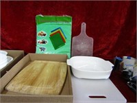 Cutting boards, corning ware dishes.