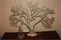 Brass Tree Wall Sculpture & Vintage Oil Lamp