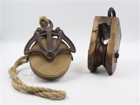 (2) Beautiful Antique Wood & Iron Pulley Systems