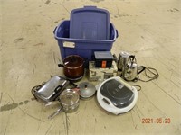 Assorted Kitchen pans & small appliances in tote