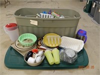 Large Tote of Kitchenware and utensils