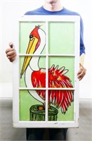 Hand Painted Pelican Antique Window