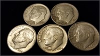 Lot of 5 Each pre-1965 90% Silver Dimes