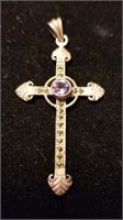 2" tall Silver Cross with Amethyst stone