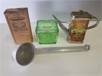 Corn Starch Box, Aluminum Ladle, Green Glass