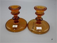 Sandwich clear amber glass candlestick holders