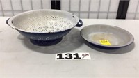 2 PIECES ENAMEL WARE, STRAINER AND PIE DISH