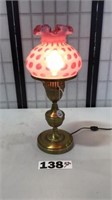 MID CENTURY CRANBERRY OPALESCENT COINDOT LAMP