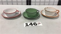 3 SETS ENAMELWARE CUPS AND SAUCERS